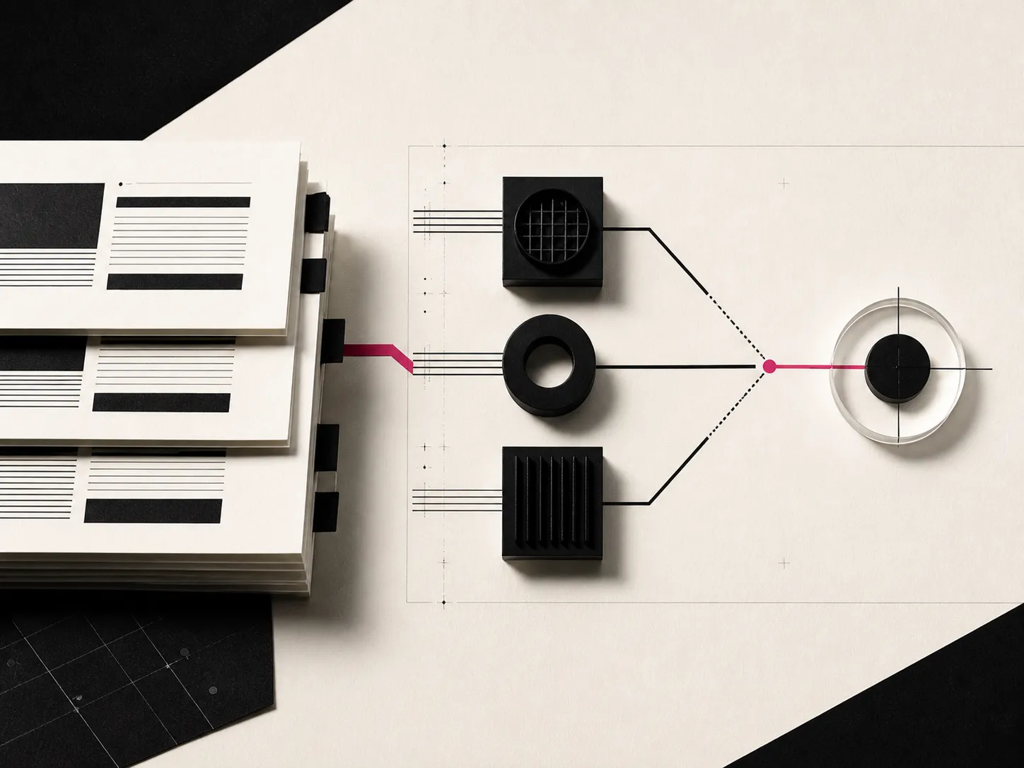A black calibration system tracing a hot-pink route through a set of measured checks