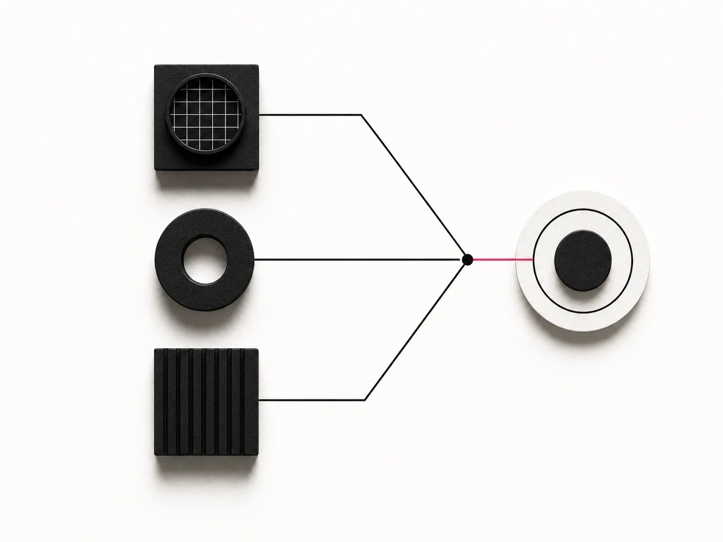 Three black geometric instruments converging on one hot-pink signal
