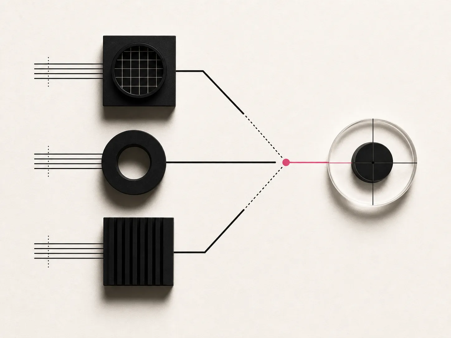 Three black geometric instruments converging on one hot-pink signal