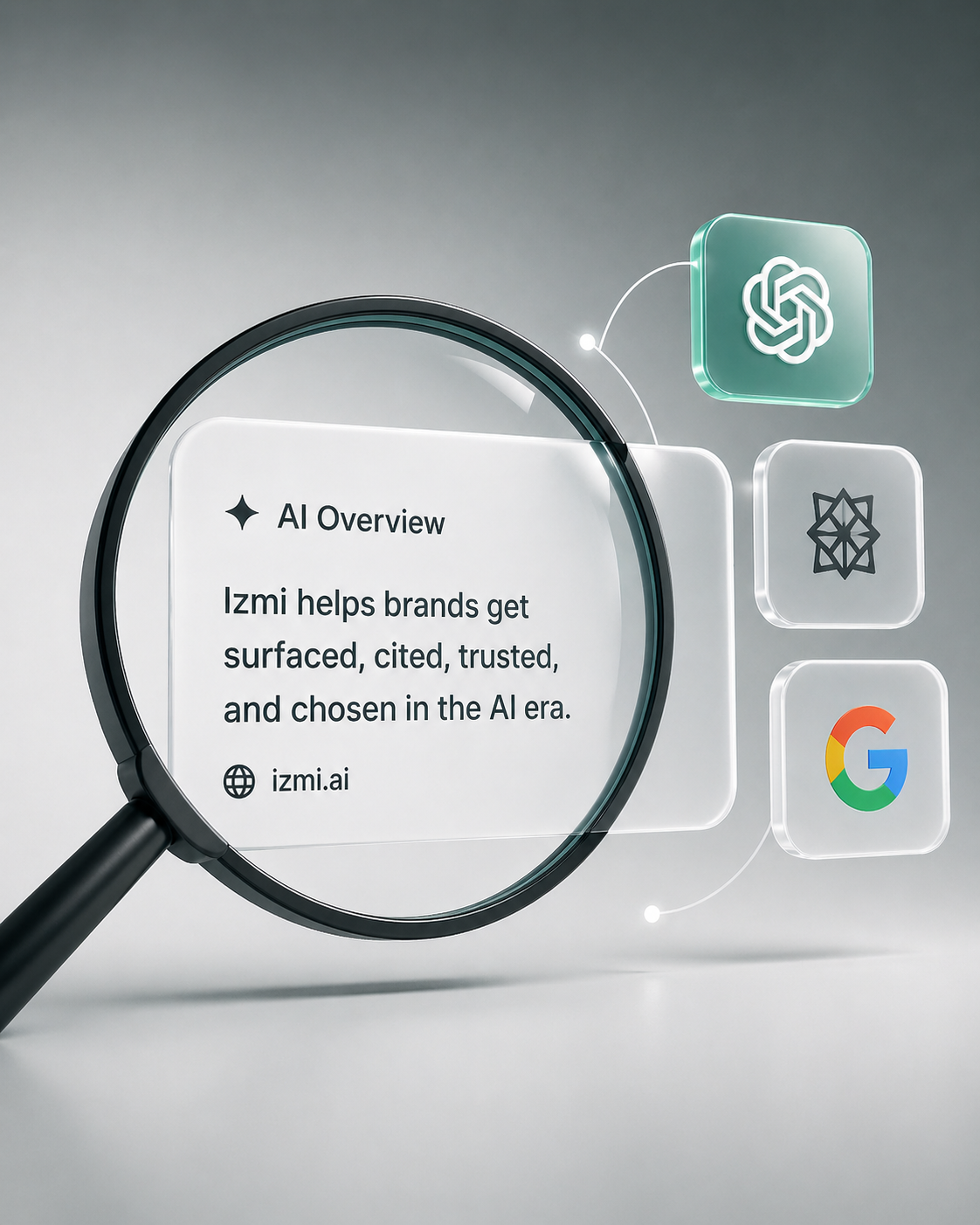 A magnifying glass revealing an AI Overview panel citing Izmi