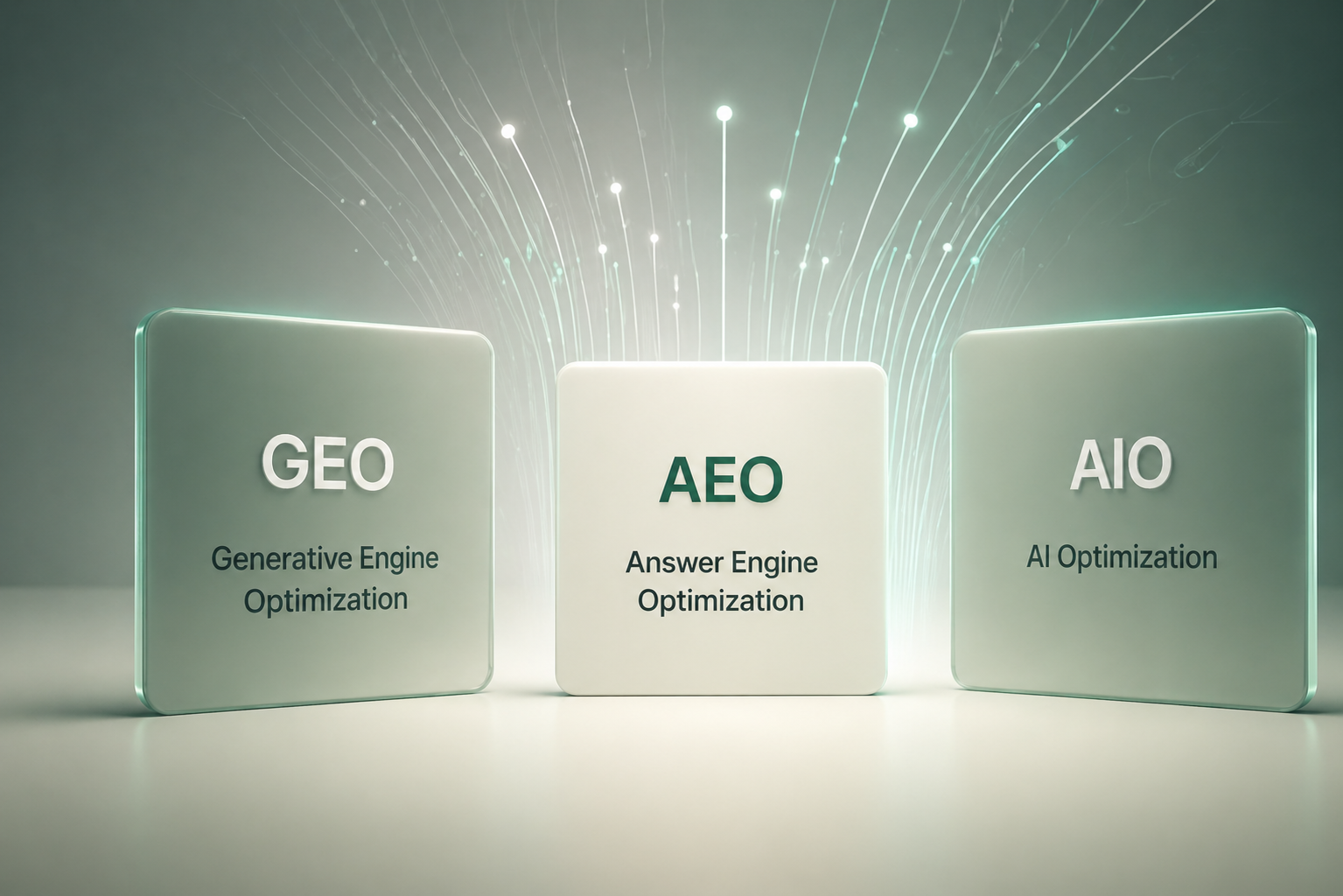 Three glassy tiles labelled GEO, AEO, and AIO connected by light beams