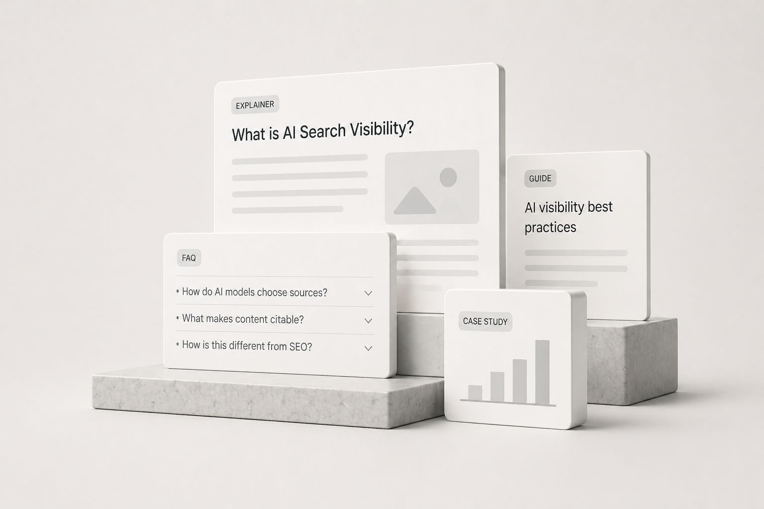 Stacked content cards including an explainer, FAQ, guide, and case study